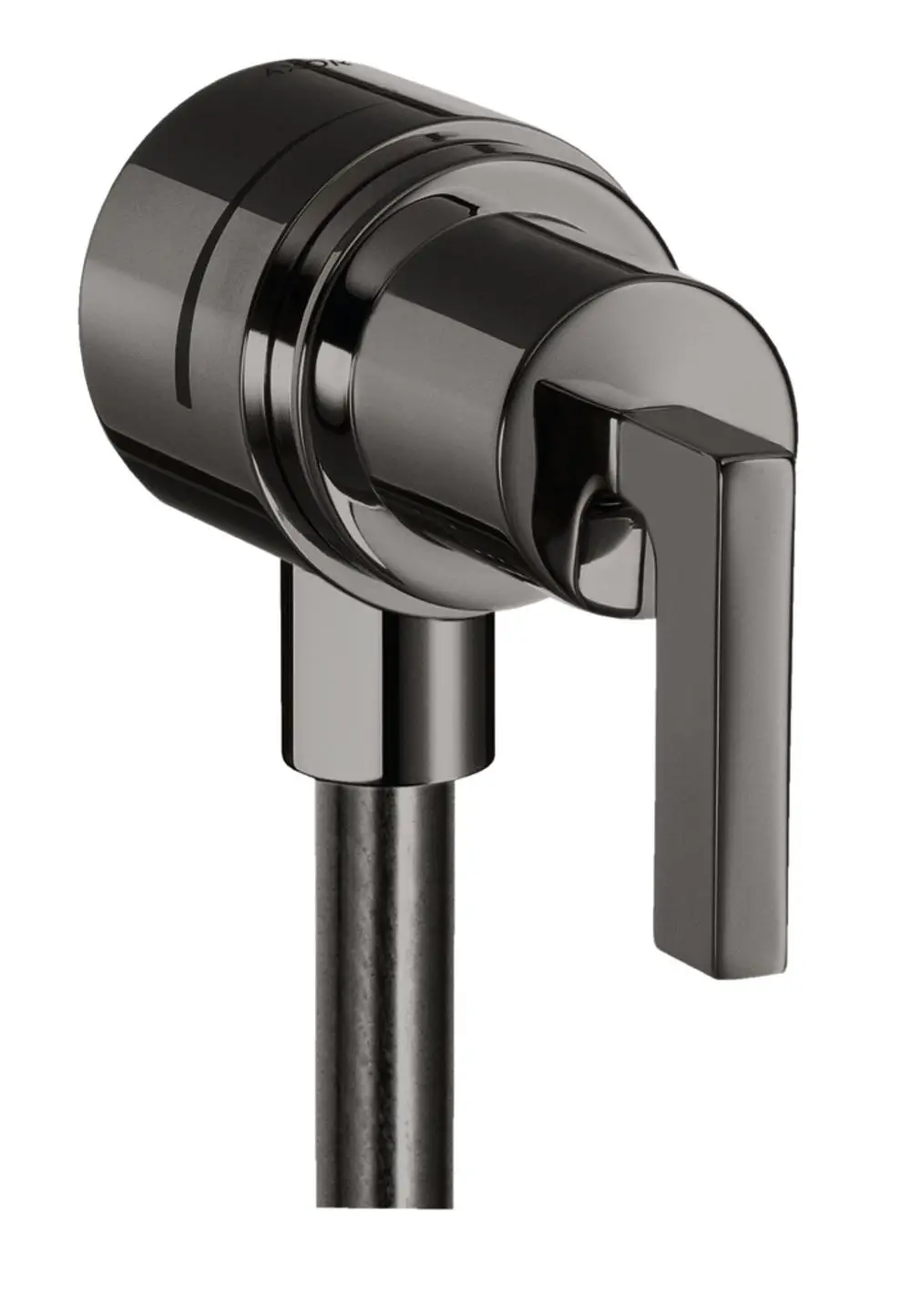 AXOR Wandanschluss mit Hebelgriff in Polished Black Chrome, ausgestattet mit Rückflussverhinderer und Absperrventil, montiert an einem Rohr.